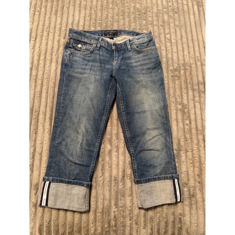 Banana Republic Petite Cropped Jeans Medium Wash Cuffed Logo Tape Size 25/0P